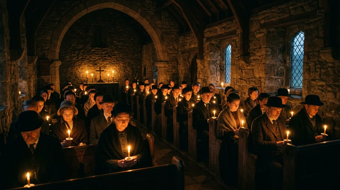 Interior of a small 1890s stone chapel during a candlelight vigil: rows of congregants holding single candles, warm points of light in near-darkness.